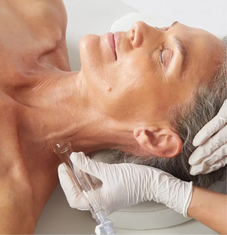 High-frequency wand treatment along the neck and jawline