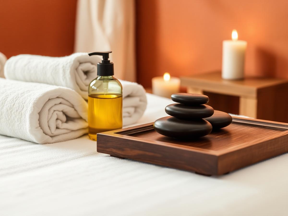Massage oil, warm stones and rolled towels in a treatment room